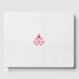 a design of a red flower on a white background guest book