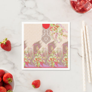 a design of a red vase with flowers on it napkin