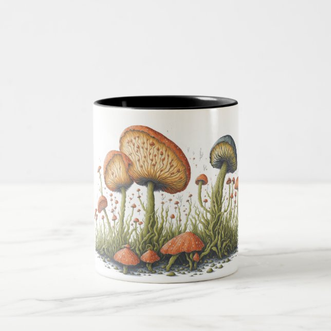 A Detailed Illustration of Mushrooms Two-Tone Coffee Mug (Center)