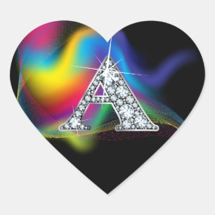 "A" Diamond Bling on Rainbow Swirl Heart Sticker