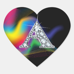 "A" Diamond Bling on Rainbow Swirl Heart Sticker