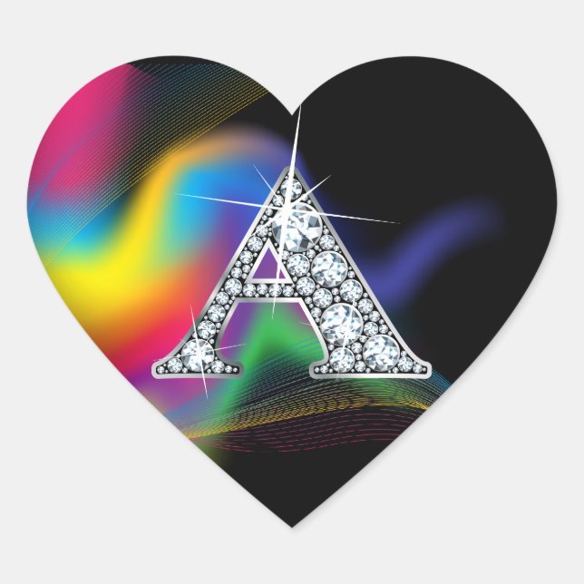 "A" Diamond Bling on Rainbow Swirl Heart Sticker (Front)