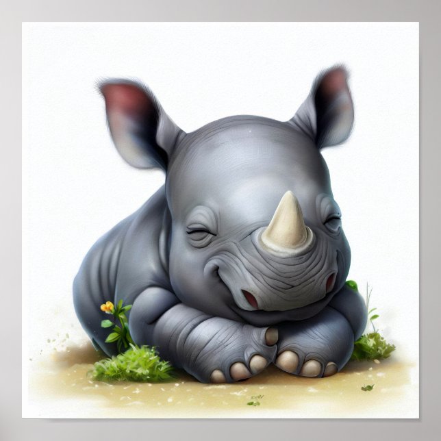 A Digital Painting of a Young Cute Rhinoceros Poster (Front)