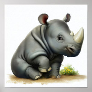 A Digital Painting of a Young Cute Rhinoceros Poster