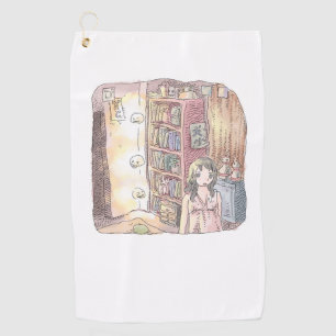 A dim object and a woman's illustration floating b golf towel
