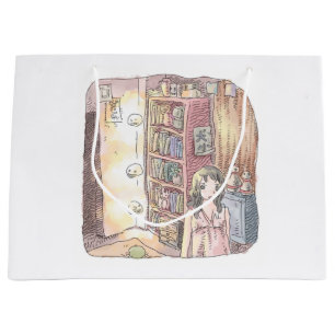A dim object and a woman's illustration floating b large gift bag