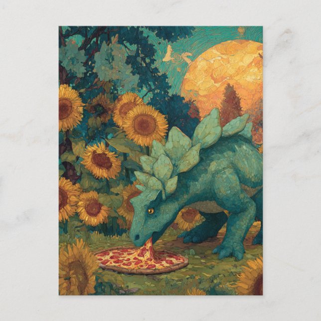 A Dino Eating a Pizza Postcard (Front)