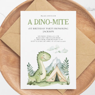 A Dino-mite Boys Green Dinosaur 1st Birthday Party Invitation