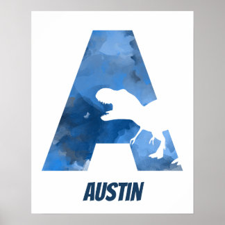 "A" Dinosaur Watercolor Blue Child's Name Poster
