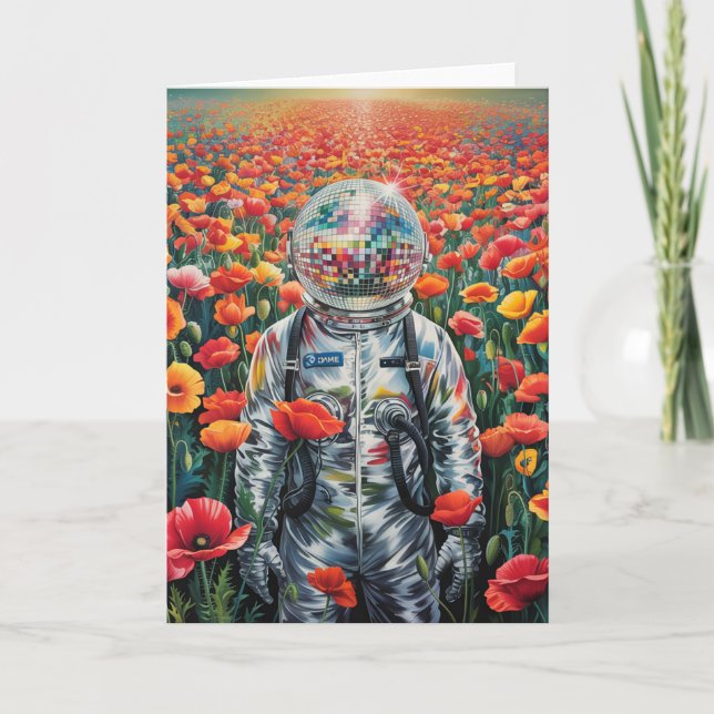 A disco astronaut in a poppy meadow card (Front)