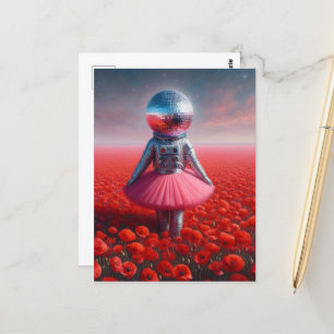 A disco astronaut in a poppy meadow postcard