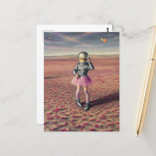 A disco astronaut in poppy meadow flying goldfish postcard