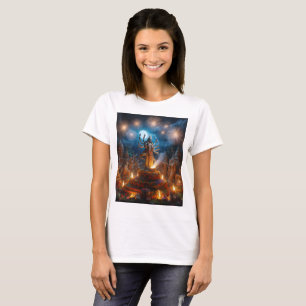 a display of fireworks with a statue of deity T-Shirt