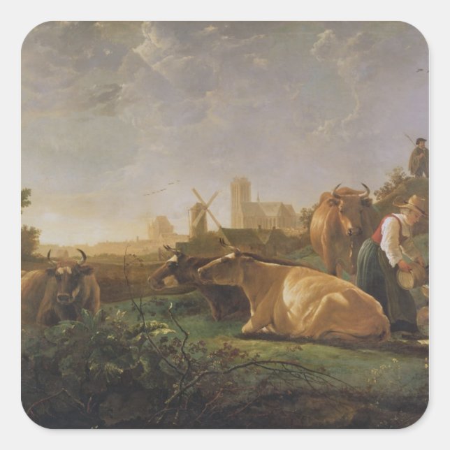 A Distant View of Dordrecht Square Sticker (Front)