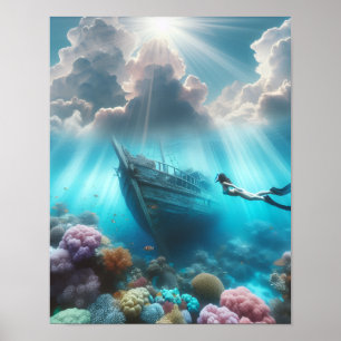 A diver finds a ship wrecked in the reef poster
