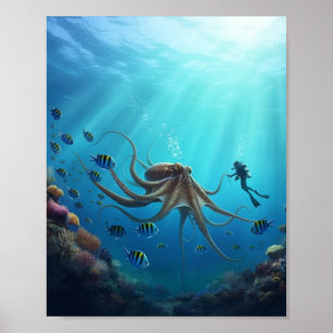 A diver spots a giant sea creature poster