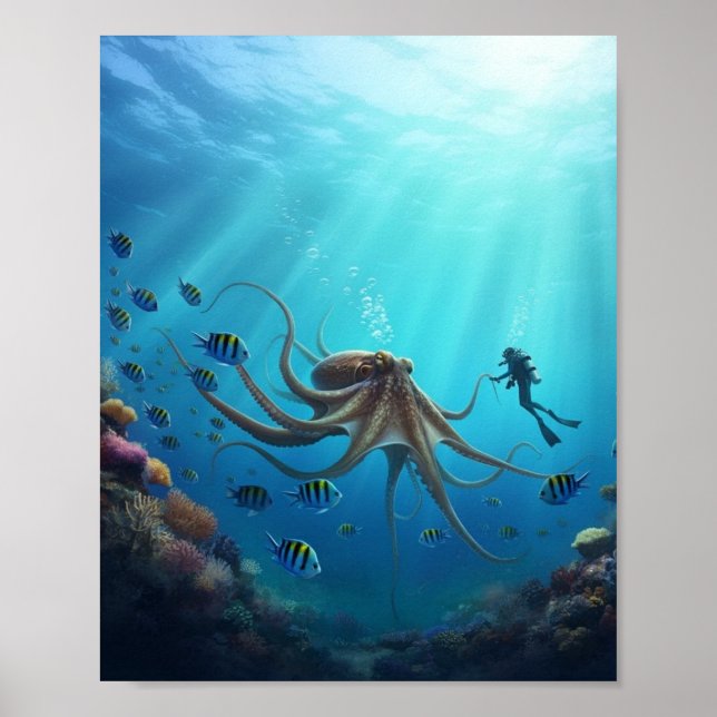 A diver spots a giant sea creature poster (Front)
