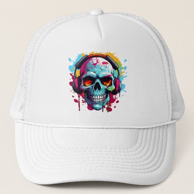 A DJ POP ART SKULL Trucker Hat (Front)
