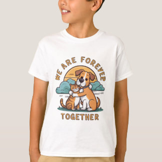 a dog hugging a cat, with the sun setting  T-Shirt