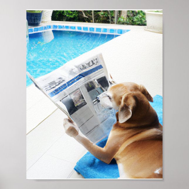 A dog reading a newspaper by the pool poster (Front)