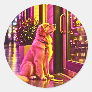 A dog waiting for its owner in front of a shop. classic round sticker