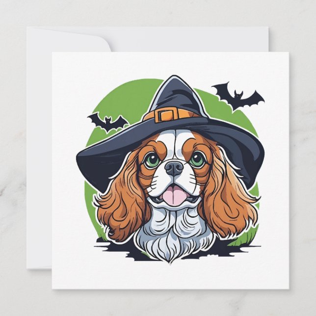 A dog wearing a witches hat with bats (Front)