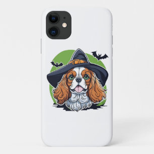 A dog wearing a witches hat with bats iPhone 11 case