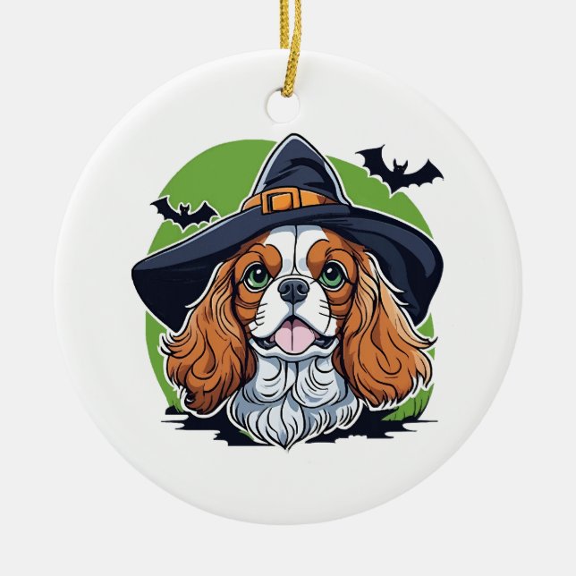 A dog wearing a witches hat with bats ceramic tree decoration (Front)