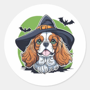 A dog wearing a witches hat with bats classic round sticker