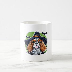 A dog wearing a witches hat with bats coffee mug