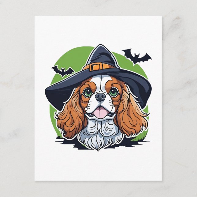 A dog wearing a witches hat with bats enclosure card (Front)