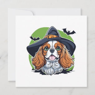 A dog wearing a witches hat with bats invitation