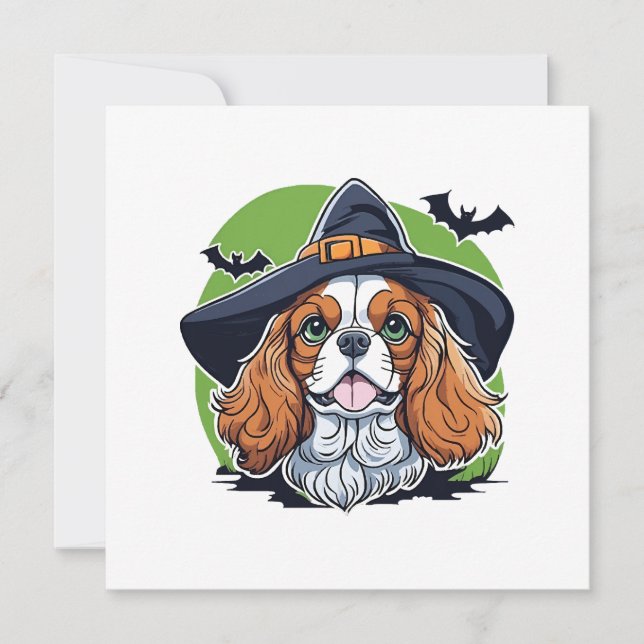 A dog wearing a witches hat with bats invitation (Front)