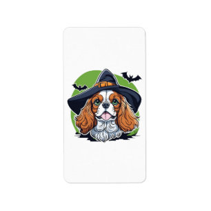 A dog wearing a witches hat with bats label