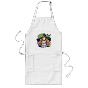 A dog wearing a witches hat with bats long apron
