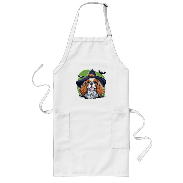 A dog wearing a witches hat with bats long apron (Front)