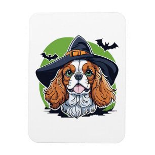 A dog wearing a witches hat with bats magnet
