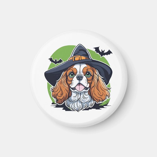 A dog wearing a witches hat with bats magnet (Front)