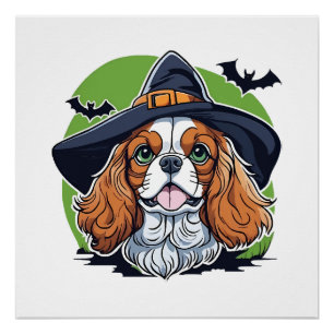 A dog wearing a witches hat with bats poster