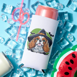 A dog wearing a witches hat with bats seltzer can cooler