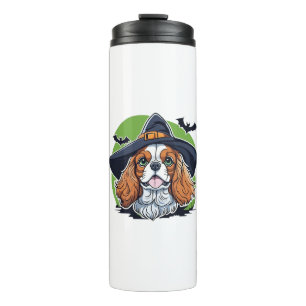 A dog wearing a witches hat with bats thermal tumbler