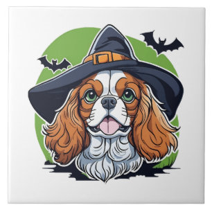 A dog wearing a witches hat with bats tile