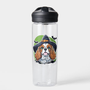 A dog wearing a witches hat with bats water bottle