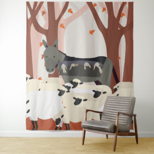 A donkey cares for the sheep in the herd tapestry