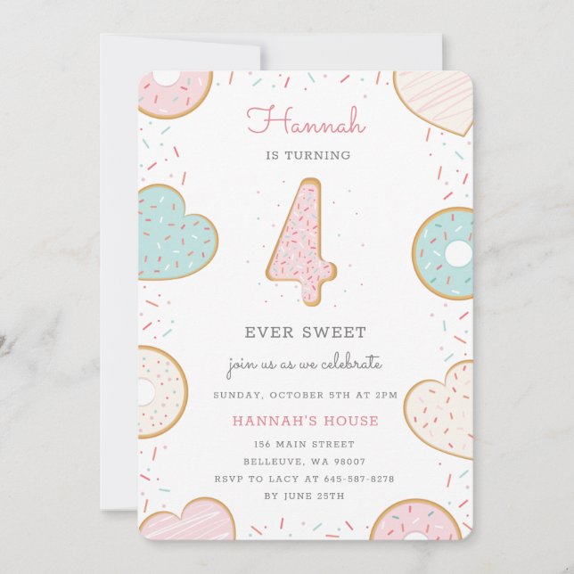 A Doughnut Four Birthday party invitation pink (Front)