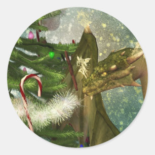 A Dragon and Fairies Christmas Classic Round Sticker
