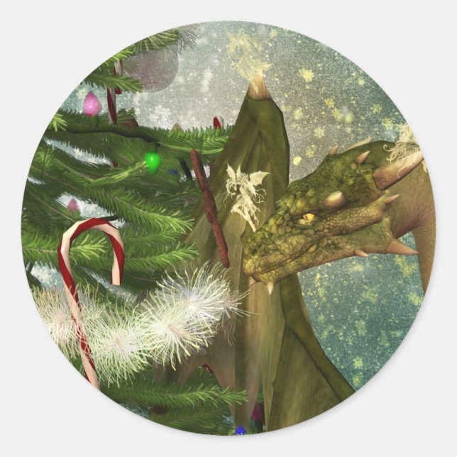 A Dragon and Fairies Christmas Classic Round Sticker (Front)