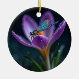 A dragonfly on a crocus flower ceramic tree decoration