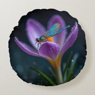 A dragonfly on a crocus flower round cushion
