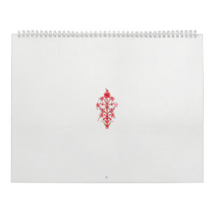 a drawing of a red flower and leaves on a white ba calendar